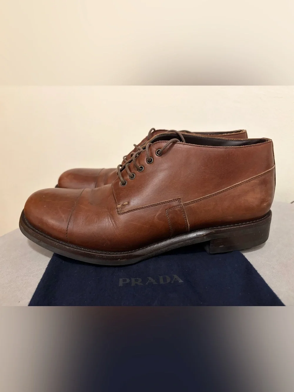 Vintage Prada Men’s Brown Leather Chukka Boots with Lace-Up Size: 8.5